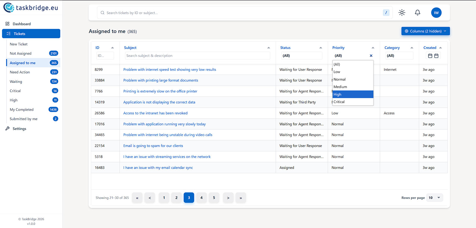 TaskBridge ticket workspace showing assigned tickets and priority filtering