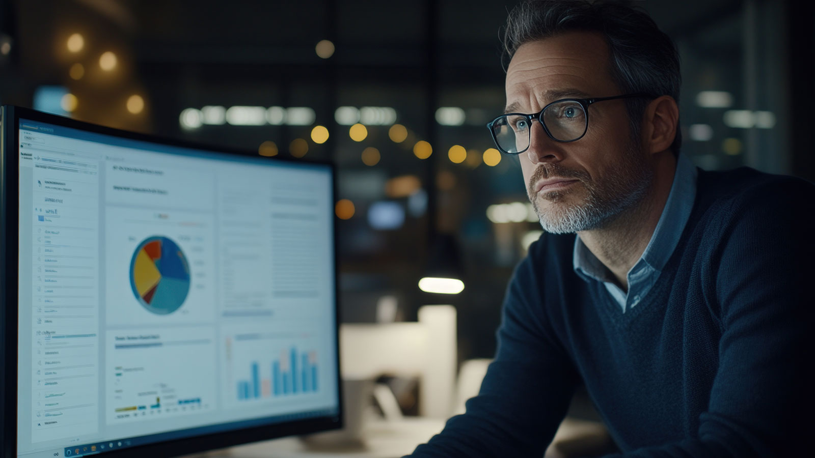 Professional reviewing charts on a desktop monitor.