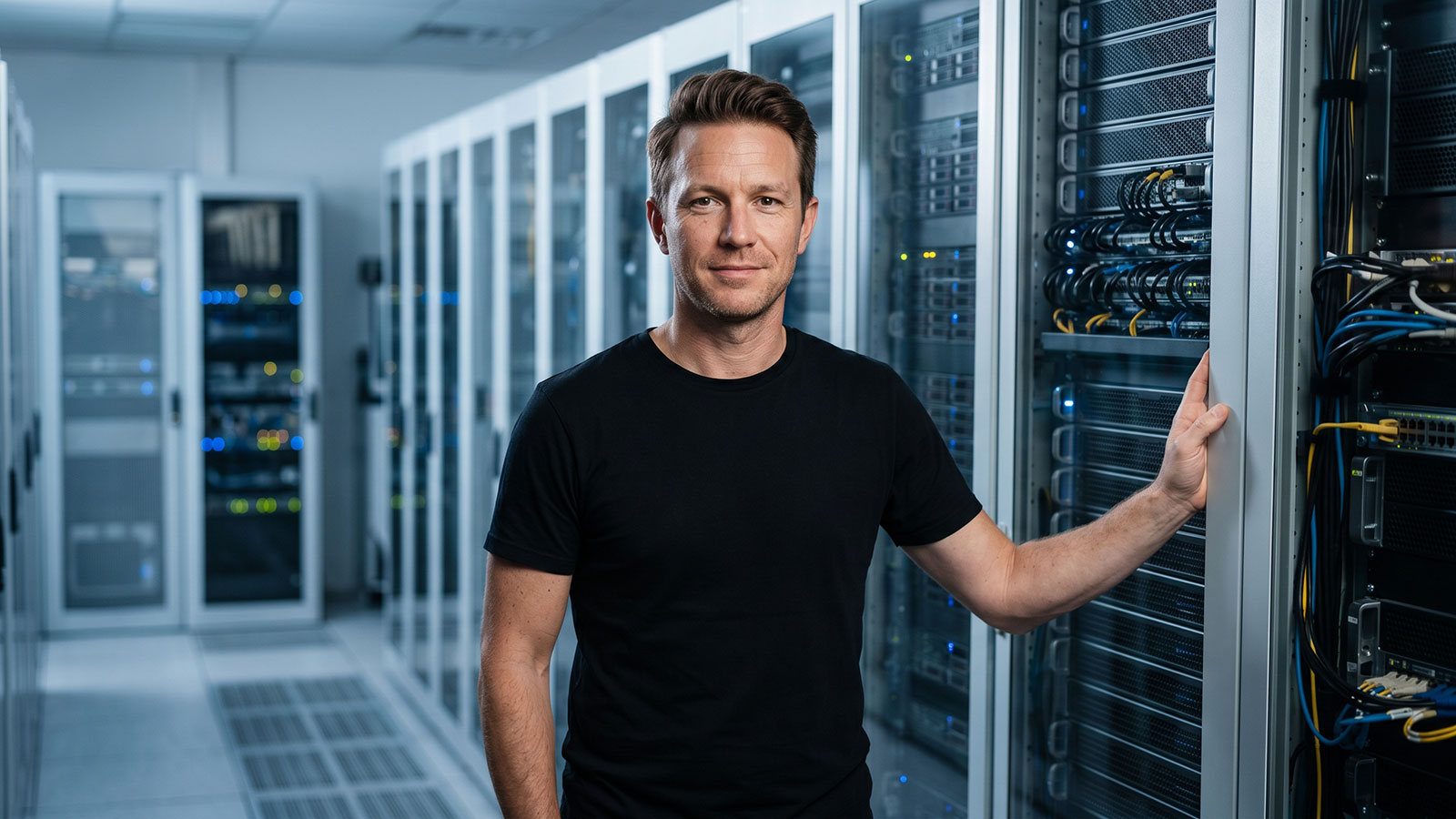 IT professional beside server racks in an on-premises server room.